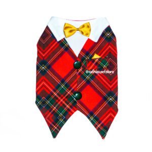 Smoking Navideño Escocés para mascotas en rojo y verde con moño dorado y botones decorativos
