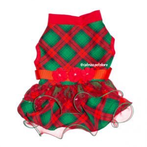Vestido Navideño Escocés rojo y verde para mascotas con falda de tul y detalles festivos