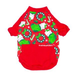 Polo navideño de algodón para perros y gatos con estampado y mangas rojas