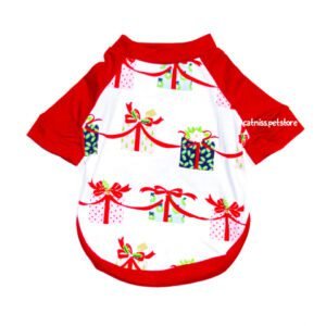 Polo navideño para perros y gatos con estampado de regalos y mangas rojas
