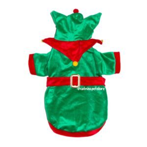 Traje Duende para perros y gatos color verde y rojo con capucha y cinturón decorativo